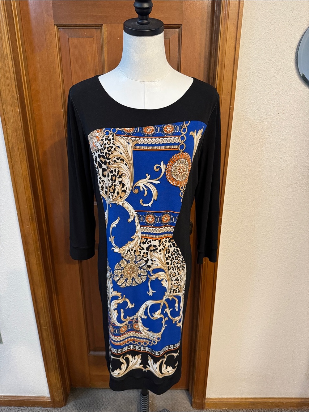 eva varro Black Dress with Blue & Gold Baroque Panel Size L